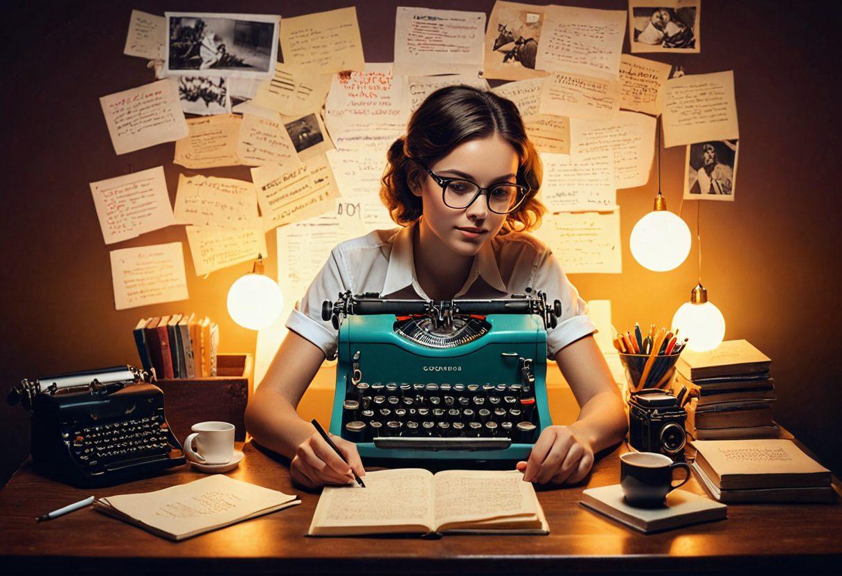 A colorful collage of a person sitting at a vintage desk, writing passionately on a laptop, surrounded by illuminated thought bubbles containing diverse blog topics like 'Travel', 'Food', and 'Books'. The background features a soft gradient showcasing creativity, with elements like a typewriter, camera, and notepad. The scene should evoke inspiration and imagination. vibrant colors. super-realistic.