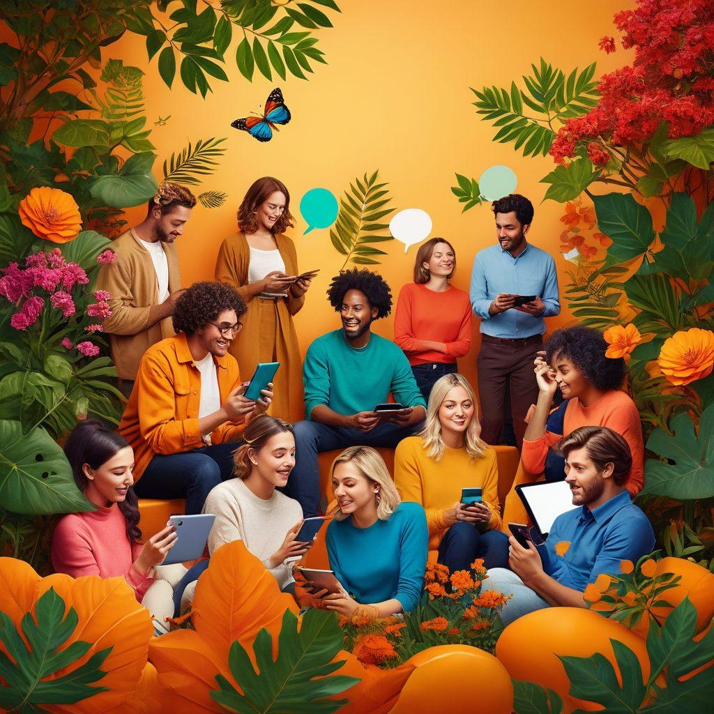 A vibrant digital collage showcasing diverse individuals from various backgrounds sharing stories through digital devices like tablets and smartphones. Include speech bubbles with creative illustrations of their tales, symbolizing connection and community. Set against a warm, inviting backdrop filled with subtle elements of nature to represent unity. super-realistic. vibrant colors. 3D.