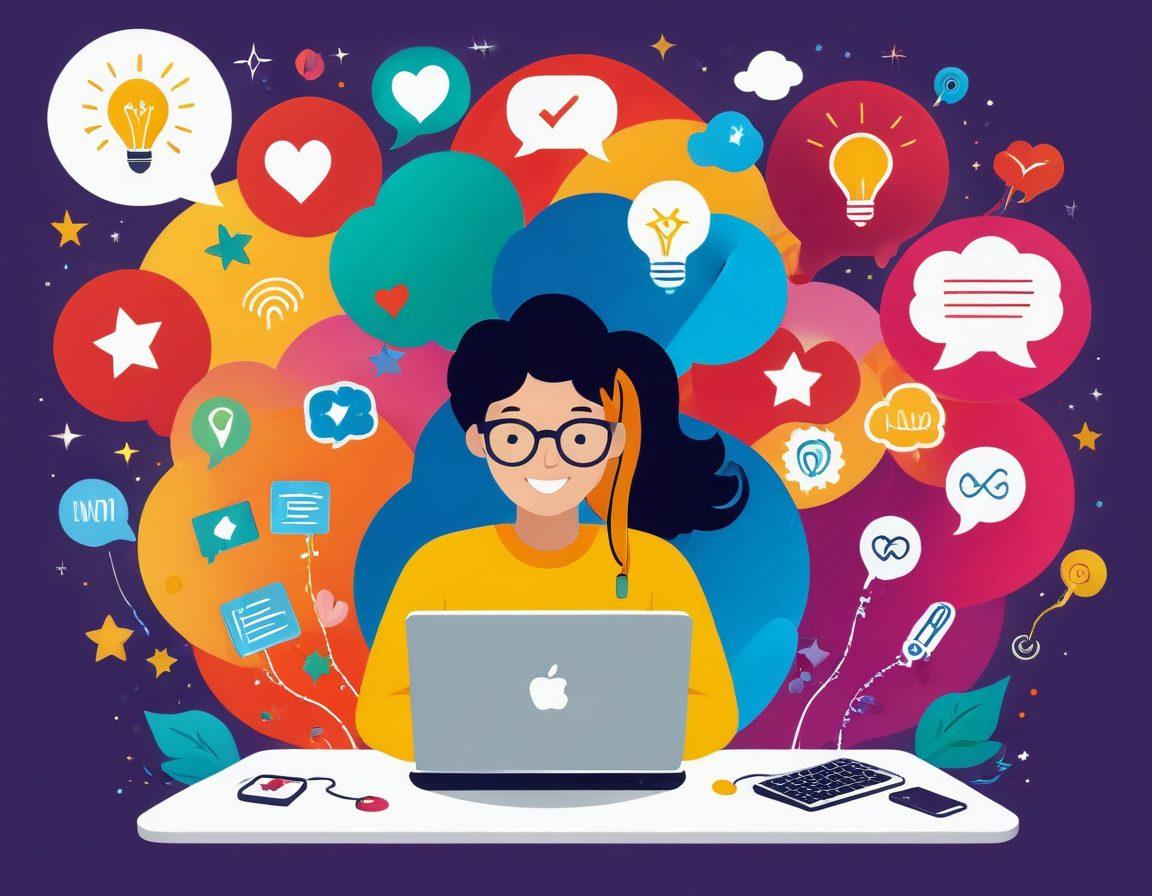 A vibrant illustration of a person joyfully typing on a laptop, surrounded by colorful speech bubbles and creative icons like a lightbulb and a pen, symbolizing content ideas. Include elements representing engagement, like hearts and stars, floating around. The background should be a gradient of warm colors, evoking inspiration and creativity. whimsical art. vibrant colors. white background.